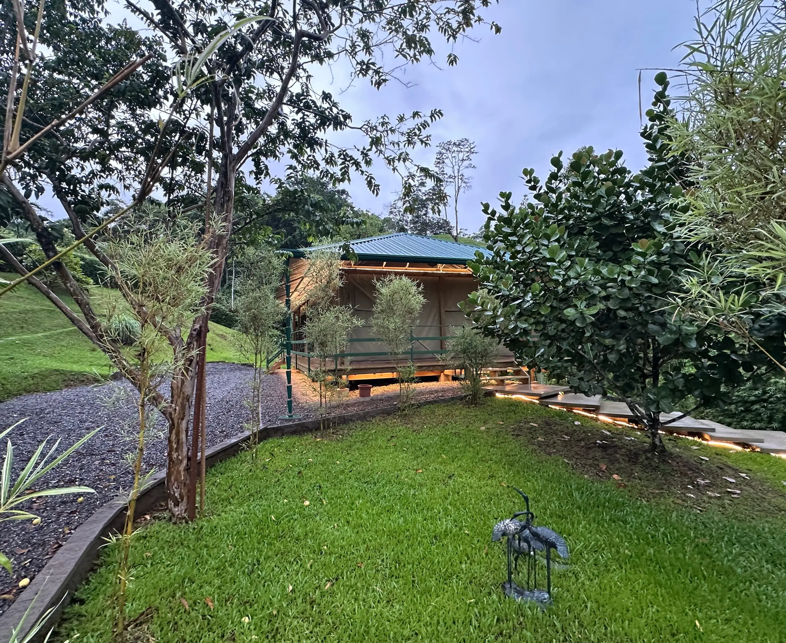 The tent across the lawn, seen through the trees