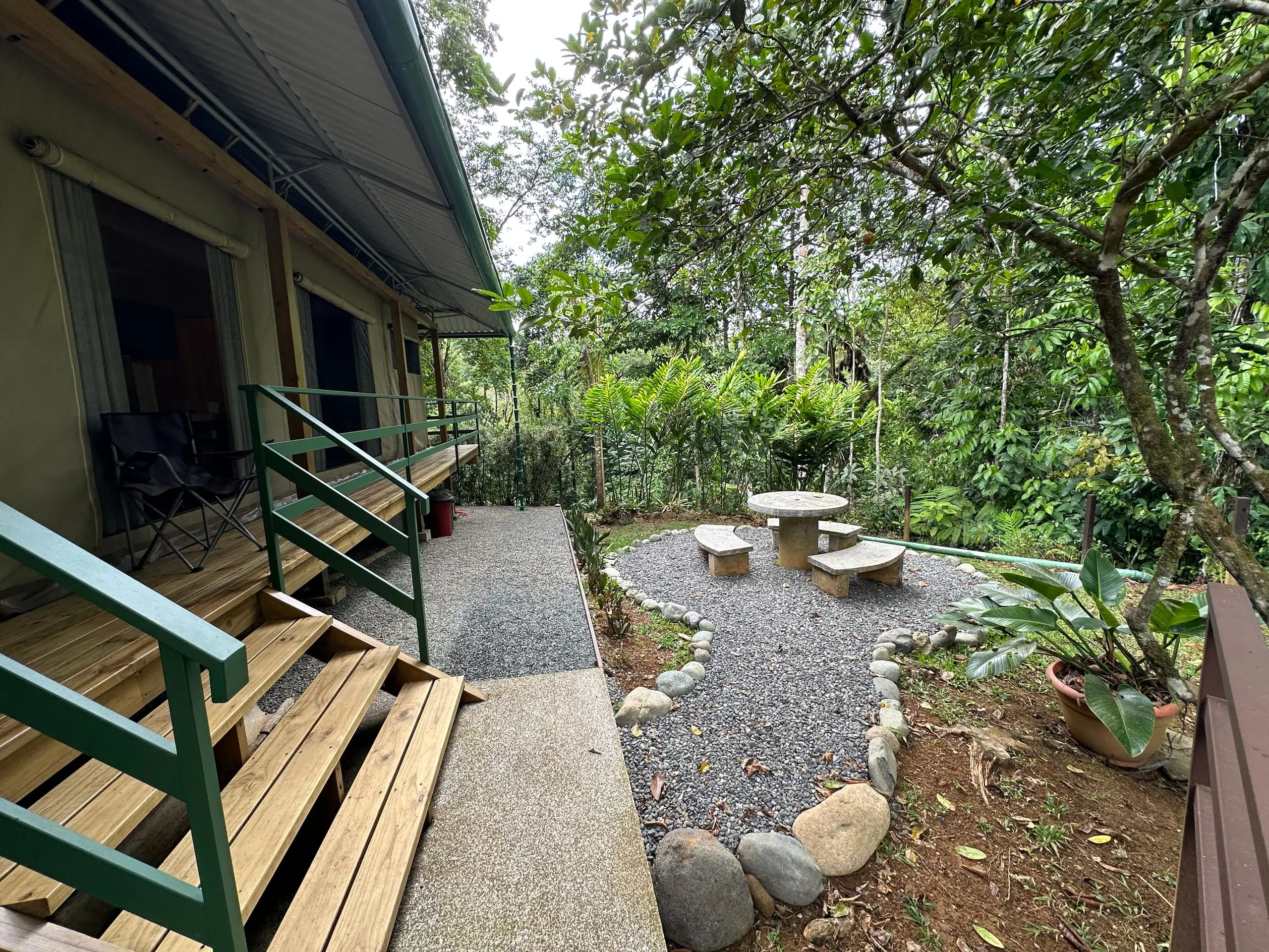 The deck and the stone table beyond, railings in place
