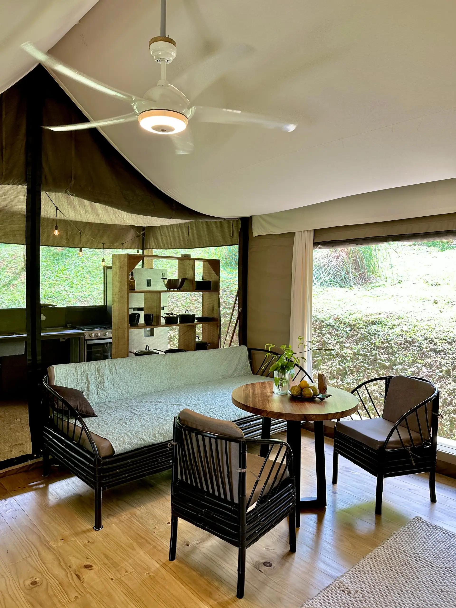 Seating and rug beneath the tensioned canvas