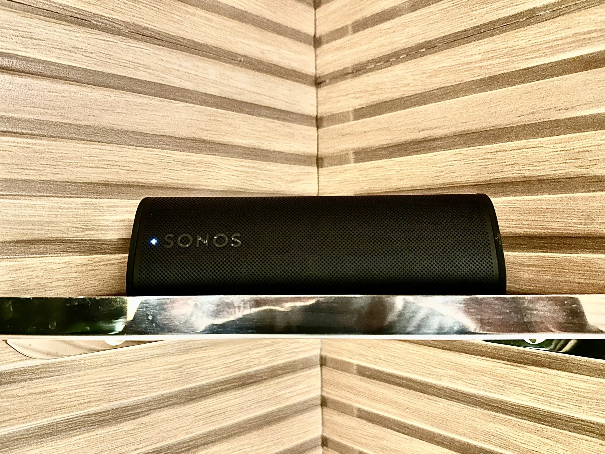 One of the stereo Sonos speakers in the steam room